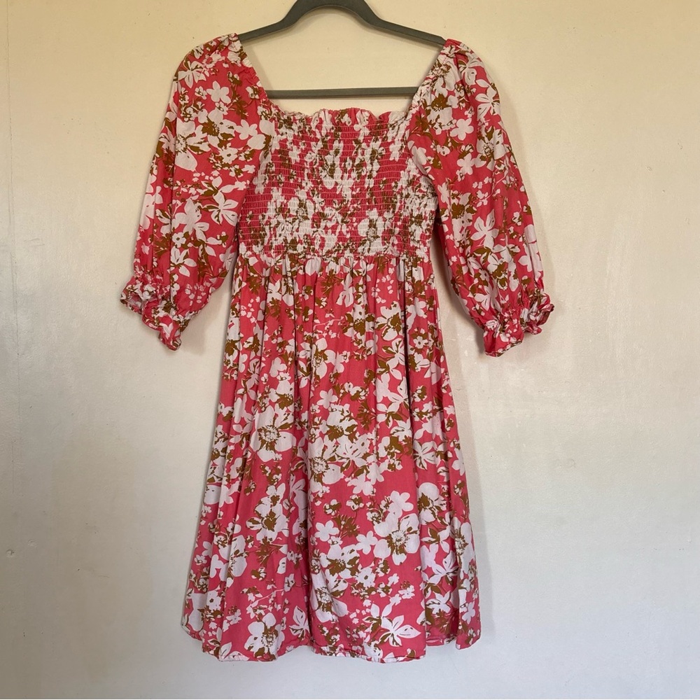 Pink Floral Smocked Mini Dress with Puff Sleeves